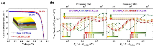 (a) LiF 첨가제를 활용한 태양전지의 전류-전압 곡선 및 효율값. (b) 대조군 (좌) 및 LiF 첨가제 사용 태양전지 (우)의 에너지준위별 결함 농도가 85℃ 조건에서 1000시간 보관 동안 변화하는 것을 임피던스/커패시턴스 측정으로 계산한 결과
