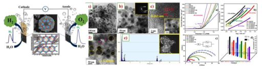 TEM c) HR-TEM e) Ni-ANIPOP-700 에너지 분산형 X선 분석(EDX). 1M KOH 전해질의 전기촉매 연구 a) OER의 LSV 곡선 b) Tafel 기울기 c) Nyquist 플롯 d) 전류 밀도 θ10 및 θ50에서 변형된 촉매의 과전위 비교