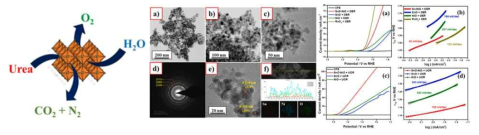 (a,b,c,d) TEM (e) SnO-NiO의 HR-TEM (f) SnO-NiO의 라인 프로파일 매핑 및 STM 원소 매핑 5mV/s 스캔 속도에서 1M KOH 및 1M KOH +0.33M 요소를 사용한 OER 및 UOR의 전기화학 연구 (a) & (b) OER 연구의 LSV 및 타펠 기울기 (c) & (d) UOR 연구의 LSV 및 타펠 기울기