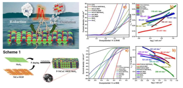 반응식1. P-도핑된 바이메탈 MOF 및 MoS2 복합재의 합성전기촉매 OER 연구