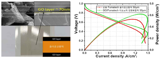 GO가 막 양단에 삽입된 음이온교환 강화복합막 (가) 및 알칼리환경에서 상용막과의 성능특성비교 (나)