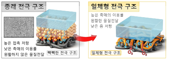 종래 전극 구조(좌)와 촉매의 이용률과 물질전달 개선을 위해 본 연구에서 제시하는 삼차원 다공성 전극 구조 디자인(우)