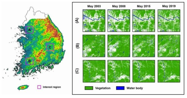 Landsat 위성 자료를 이용한 토지피복변화(식생 및 수면 면적)