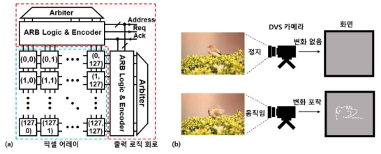 동적 비전 센서: (a) 블록다이어그램 (b) 센서 동작 예시