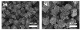 NiFe phosphide@N, P co-doped carbon의 (a) 인화 및 (b) 환원 분위기에 따른 SEM 이미지