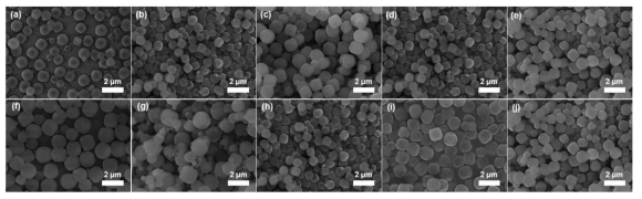 (a)-(c) SDBS 양(1.0, 1.25, 1.5g), (d)-(f) pH(3, 2, 1), (g)-(h) 합성온도(53, 55도), (i)-(j) 합성 시간(2, 3시간)에 따른 Co-Co PBA FESEM 이미지