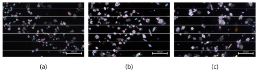 생산물 표본 (a) 79 μm, (b) 86 μm, (c) 84 μm