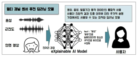 음성, 근전도, 영상 데이터를 통합적으로 분석하기 위한 멀티 채널 센서 퓨전 딥러닝 모델의 개념도