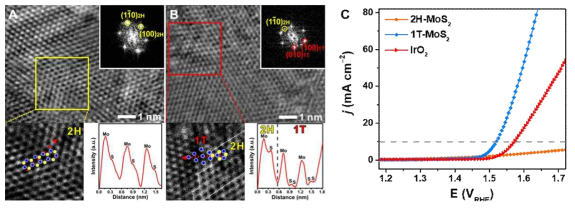 합성된 (A) 2H-MoS2 및 (B) 1T-MoS2 촉매의 atomic-resolution TEM 분석결과와 (C) OER 반응성 측정결과