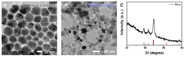 (A) 합성된 준안정 Ni 나노입자 및 (B) 탄소에 담지된 준안정 Ni 나노입자의 TEM 분석결과. (C) 준안정 Ni 나노입자의 XRD 분석결과