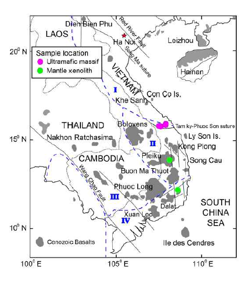 인도차이나반도 복합 화산암체에서 획득한 초염기성암과 맨틀 포획물을 함유한 현무암 채취 장소