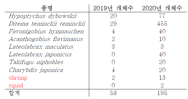 출현 어류의 개체수