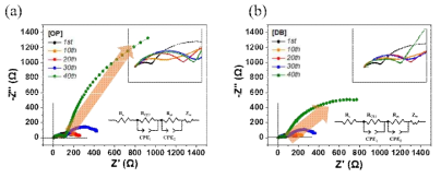 (a) 다결정 전극, (b) 이중층 전극의 사이클별 Nyquist 그래프