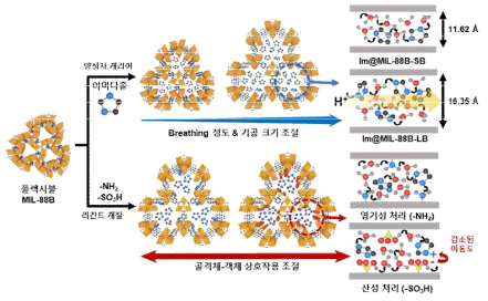 양성자 캐리어와 리간드 개질에 따른 양성자 전도 특성 및 수소 결합 네트워크 조절에 관한 도식화