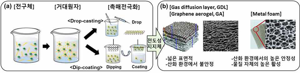 (a) 거대원자의 촉매전극화 방법, (b) 전도성 지지체 물질의 종류 및 특징