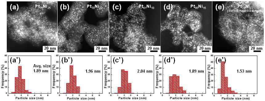 HADDF-STEM을 이용한, PtNi 합금 촉매의 크기 및 분포