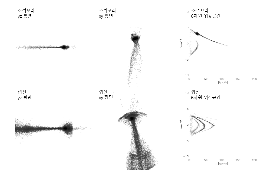 병합 잔해의 형태(조석꼬리 및 껍질)에 따른 2차원 및 6차원 위상공간에서의 형태 차이. 서로 다른 병합 잔해들을 2차원 이미지(yz, xy평면)에서 확인한다면 대상을 보는 각도에 따라 구분이 어려울 수 있지만 6차원 위상공간에서는 이러한 모호함 없이 병합 잔해들을 구분할 수 있다
