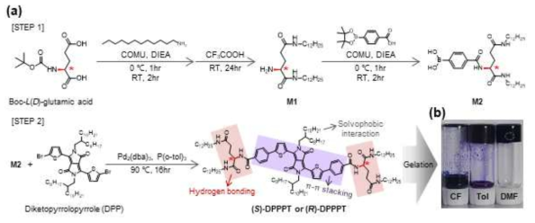 Reconfigurable Optoelectronic PUF를 위한 chiral 공액단분자 DPPPT 합성 과정 및 분자구조, (b) 용매에 따른 gelation 후 모습