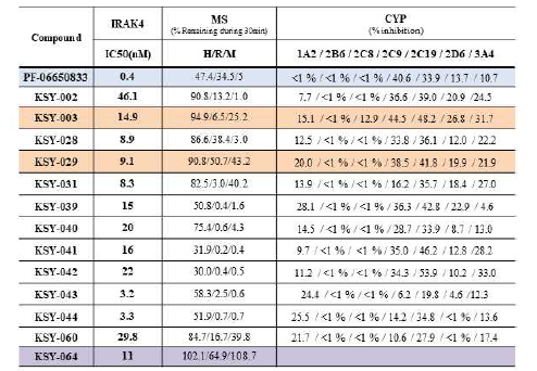 In vitro enzyme 효과 우수 화합물 13종 MS, CYP 결과