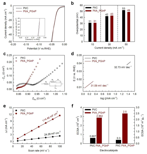 Pt/A_PGnP 촉매의 HER 효율 및 안정성