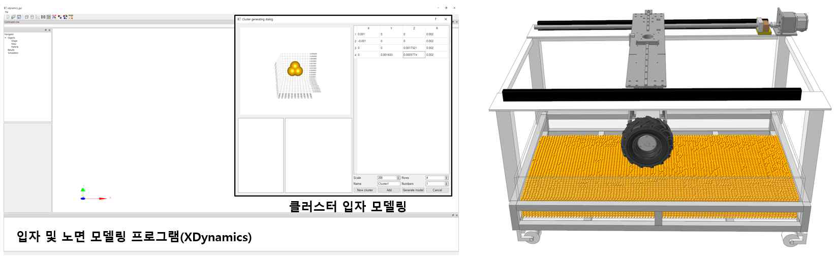 입자 동역학 해석 프로그램(XDynamics) 내 클러스터 입자 모델링 및 노면 생성 예시