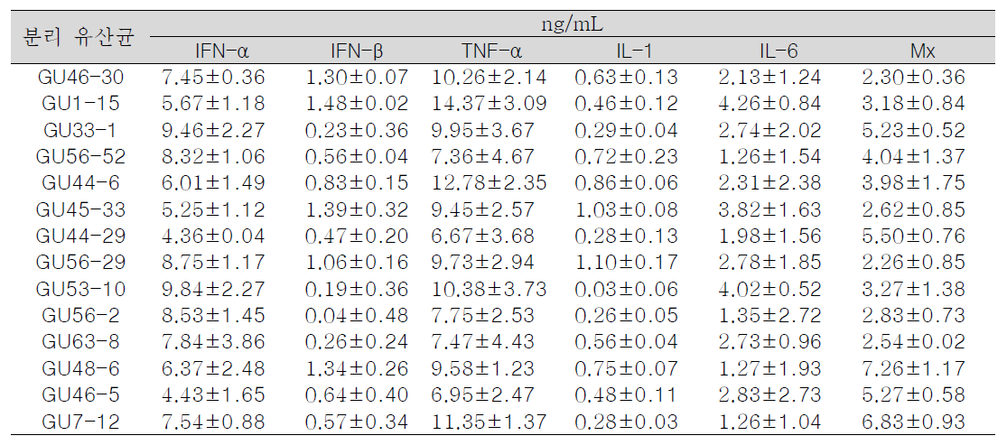주요 식품 유래 항바이러스 유산균에 의한 항바이러스 인자 및 염증성 cytokines 발현(단백질 수준)