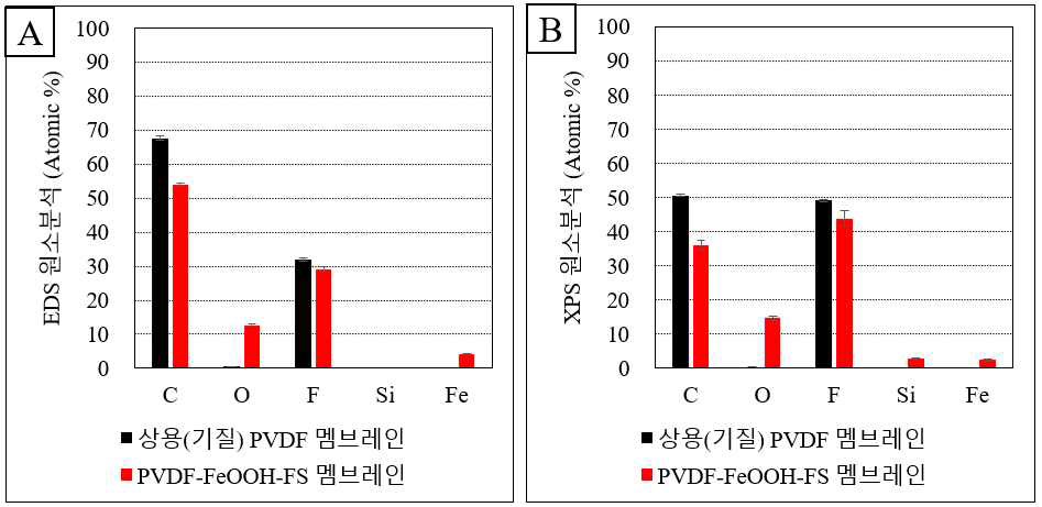 멤브레인 표면 원소 구성 분석: (A) EDS 분석, (B) XPS 분석