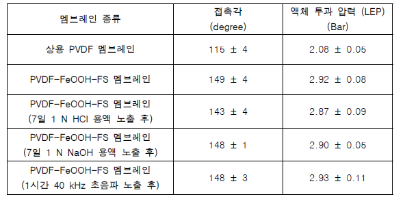 멤브레인 접촉각 및 액체 투과 압력(LEP) 분석 결과