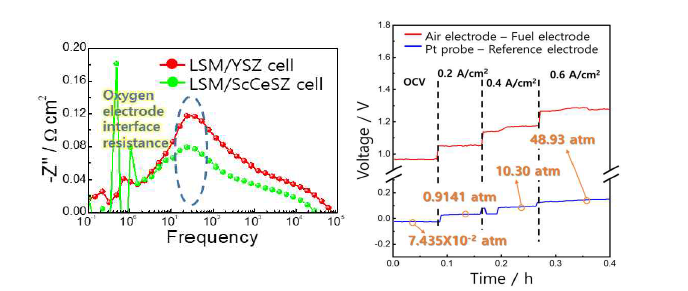 LSM+ScCeSZ 셀의 임피던스 감소 효과 및 수전해 전류에 따른 전압 변화