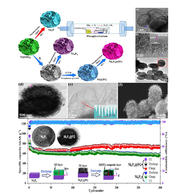 보풀형 구조의 그래핀이 코팅된 다공성 Ni5P4의 합성 과정, TEM 및 STEM 이미지, 그리고 Li-ion 배터리 안정성 테스트 결과