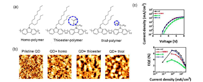 (a) 양자점 혼성 구조체용 고분자의 분자구조, (b) 양자점 및 고분자 혼합 AFM 모폴로지 및 (c) 이를 활용한 양자점발광소자의 전류-전압 특성 및 외부양자효율