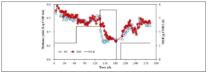 UASB 반응기 유기물 부하율(OLR) 및 메탄수율