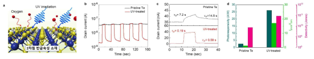 (a) UV 조사를 통한 2차원 반금속성 tellurene 결함 제어 공정 모식도, (b) UV 조사 전/후에 따른 1100 nm 적외선 광센서 특성평가와 (c) 반응속도 비교