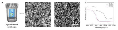 (a) 수열합성공정 기반 SnSex 반금속성 소재 합성 공정, SEM 이미지, (b) UV-Vis 스펙트럼