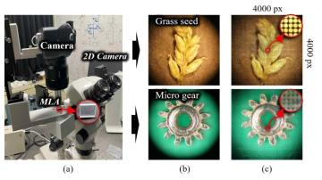 (a) 구현되 라이트 필드 및 2차원 현미경 영상 획득시스템, (b) 획득된 고해상도 2차원 영상, (c) 획득된 라이트 필드 현미경 영상
