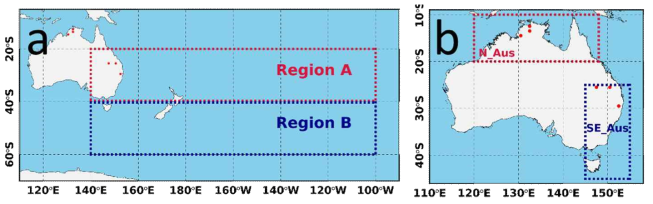 (a) ACE-FTS 탄화수소 연구지역 (Region A : -20°<위도<-40°, 140°<경도<-100°, Region B : -40°<위도<-60°, 140°<경도<-100°) (b) MODIS를 이용한 Fire Count (FC), Burned Area (BA), Fire Radiative Power (FRP) 분석지역: Northern Australia (N_Aus, 북호주) 및 Southeast Australia (SE_Aus, 남동부호주)