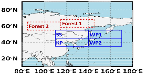 시베리아 산불 발생 지역(Forest1, Forest2)와 ACE-FTS를 이용한 동아시아 탄화수소 연구범위: South Siberia(SS), Korean Peninsula (KP), Western Pacific (WP1, WP2)