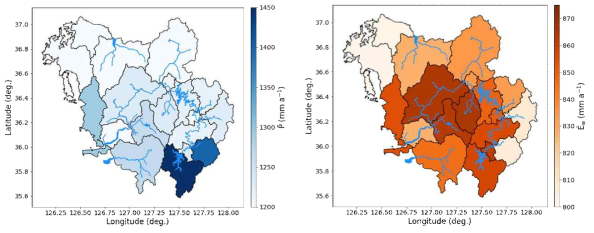 (left) Mean annual precipitation and (right) mean annual potential evaporation for 1991-2020