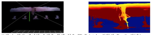 영상 데이터 수집을 통해 얻은 3D Pointcloud(좌)와 Depth 값(우)