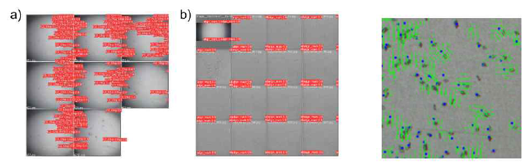 a) LED 칩 안바후 검증, b) align key와 동시에 인지 후 검증, c) optical flow(녹색vector)