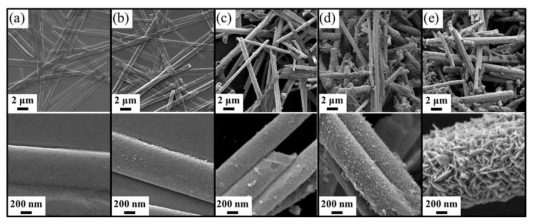 DiynePC nanotube에 코팅된 Pd nanoparticle의 두께별 TEM image : (a) Bare LNT, (b) Pd seed, (c) Pd 1회 환원(R1), (d) Pd 2회 환원(R2), (e) Pd 3회 환원(R3)