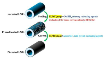 Lipid nanotube 위 Pt nanoparticle seed coating 및 seed 성장방법 모식도