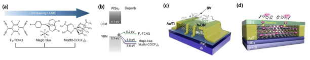 다양한 분자 도펀트(F4-TCNQ, Magic Blue, Mo(tfd-COCF3)3)와 반도체 물질 건의 에너지 준위 다이어그램 및 BV 분자 도펀트의 원격 도핑법 모식도 (전계 효과 트랜지스터 플랫폼)