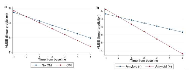 trajectory according to 1) CMI and 2) amyloid positivity