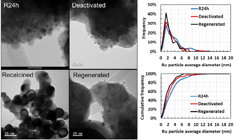 Bright-field TEM images and particle size distribution of R24h before and after regeneration