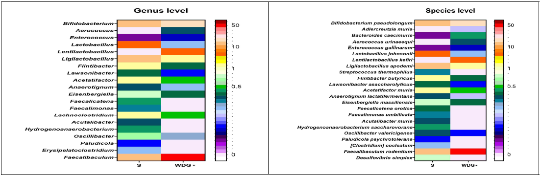 대조군과 WDG 그룹의 장내세균총 genes level (좌측), species level (우측)