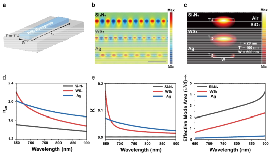 a. WS2 도파로 모식도. b-c. 다양한 물질의 도파로에서의 전기장 분포 시뮬레이션 결과. d-f. 다양한 물질의 도파로에 존재하는 광학모드의 유효굴절율 (d), 흡수 상수 (e) 유효 모드 면적 (f) 계산 결과