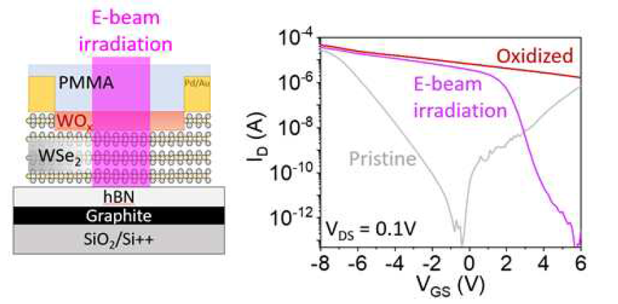 전자빔을 적용한 WSe2 p+-p-p+ 트랜지스터의 모식도와 전기적 특성 [참고문헌 6]
