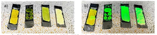 (a) Light, (b) UV 조사 아래의 다양한 MnBr4 기반의 신틸레이터 박막 이미지