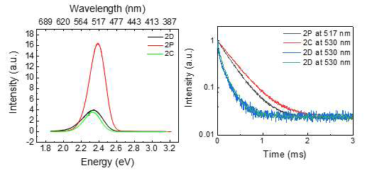 다양한 형태의 Mn 기반 (왼) PL 발광 와 (오) Decay time 측정 데이터
